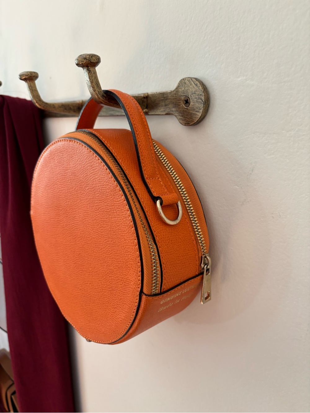Italian Genuine Leather Orange Round Circle Bag Purse - Picture 2 of 5